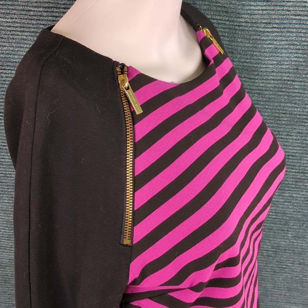 Michael Kors Zip Shoulder Dress Magenta & Black Striped Long Sleeves - Picture 6 of 10